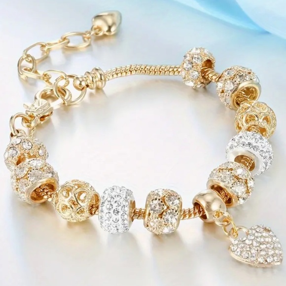 Golden Beaded Bracelet With Heart, Rhinestones, Alloy (Mixture of Metals) NWT - Picture 4 of 5